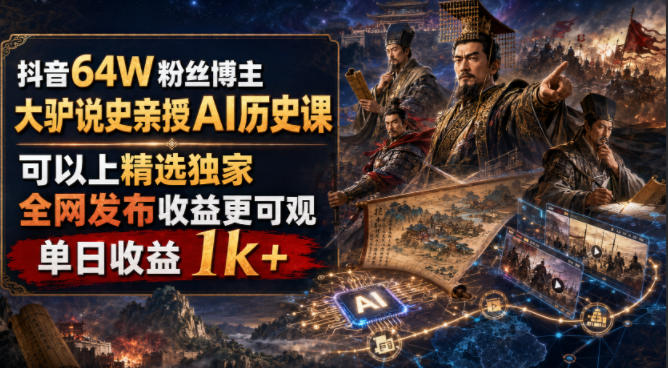 抖音64W粉丝博主大驴说史亲授AI历史课，可以上精选独家，全网发布收益更可观，单日收益1k+-翌晨科技网