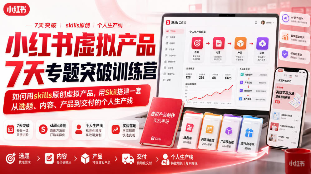 小红书虚拟产品7天专题突破训练营，如何用skills原创虚拟产品，用Skil搭建一套从选题、内容、产品到交付的个人生产线-翌晨科技网