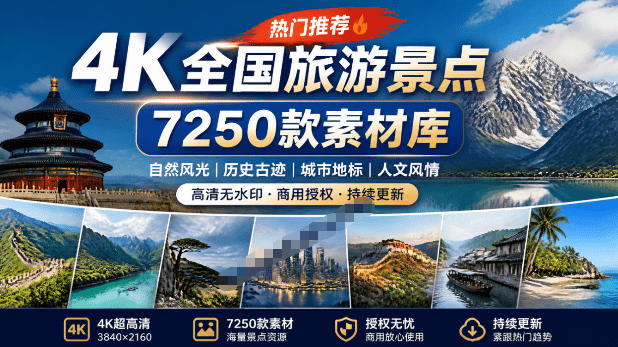 热门全国旅游风景素材！4K全国旅游景点素材库，7250款素材，旅行达人城市航拍风景风光高清短视频-翌晨科技网
