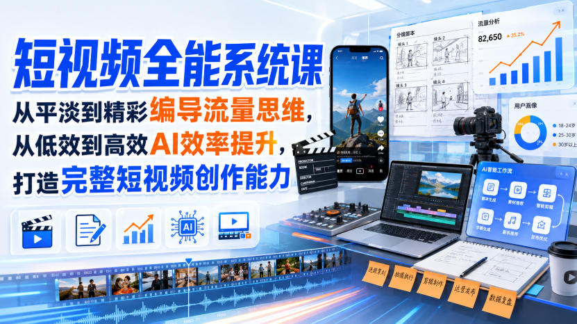 短视频全能系统课，从平淡到精彩编导流量思维，从低效到高效AI效率提升，打造完整短视频创作能力（2026年8月30更新233集）-翌晨科技网