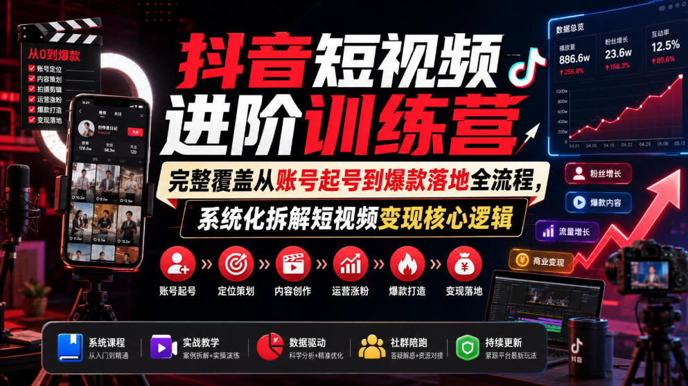 抖音短视频进阶训练营，完整覆盖从账号起号到爆款落地全流程，系统化拆解短视频变现核心逻辑-翌晨科技网