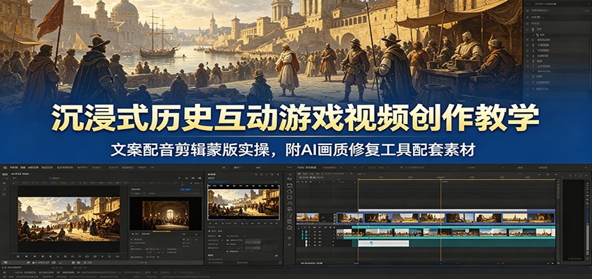 沉浸式历史互动游戏视频创作教学：文案配音剪辑蒙版实操，附AI画质修复工具配套素材-翌晨科技网