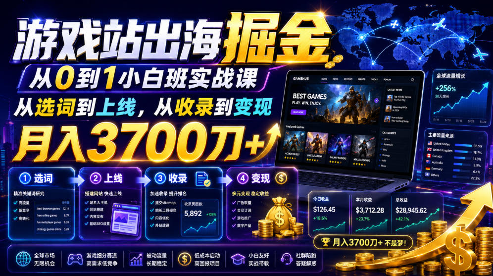 游戏站出海掘金从0到1小白实战课，从选词到上线，从收录到变现，月入3700刀+-翌晨科技网