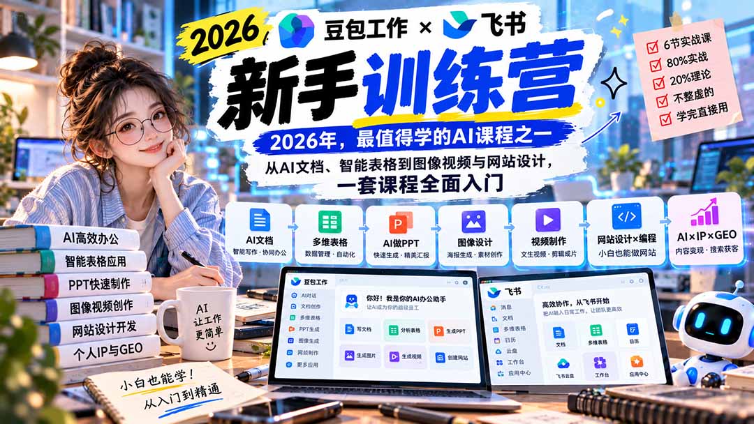 （20645期）2026豆包工作+飞书新手训练营-9月新课：从AI文档、智能表格到图像视频与网站设计，一套课程全面入门-翌晨科技网