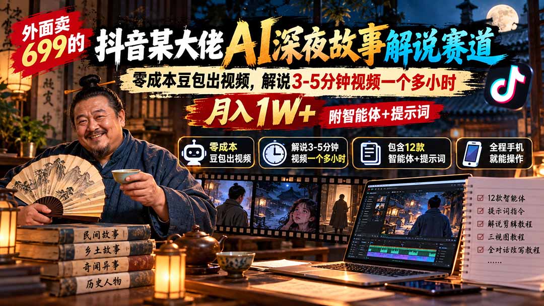（20648期）外面卖699的抖音某大佬AI深夜故事解说赛道：零成本豆包出视频，解说3-5分钟视频一个多小时，月入1W+附智能体+提示词-翌晨科技网