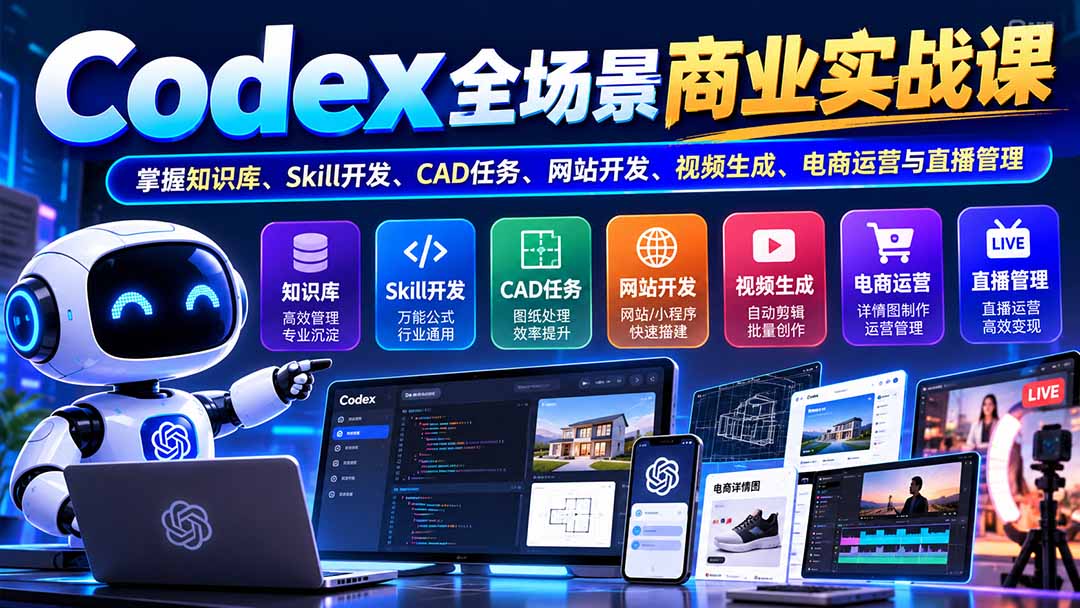 （20712期）【无水印】Codex全场景商业实战课：掌握知识库、Skill开发、CAD任务、网站开发、视频生成、电商运营与直播管理-翌晨科技网