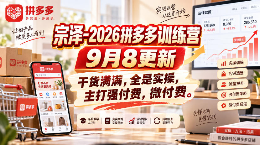 宗泽-2026拼多多训练营9月8更新，干货满满，全是实操，主打强付费，微付费-翌晨科技网