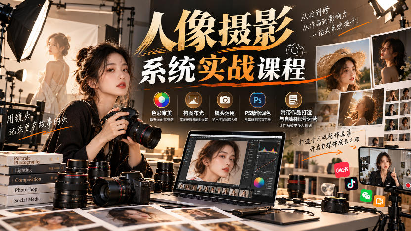 【无水印】人像摄影系统实战课程，色彩审美、构图布光、镜头运用、PS精修调色，附带作品打造与自媒体账号运营-翌晨科技网