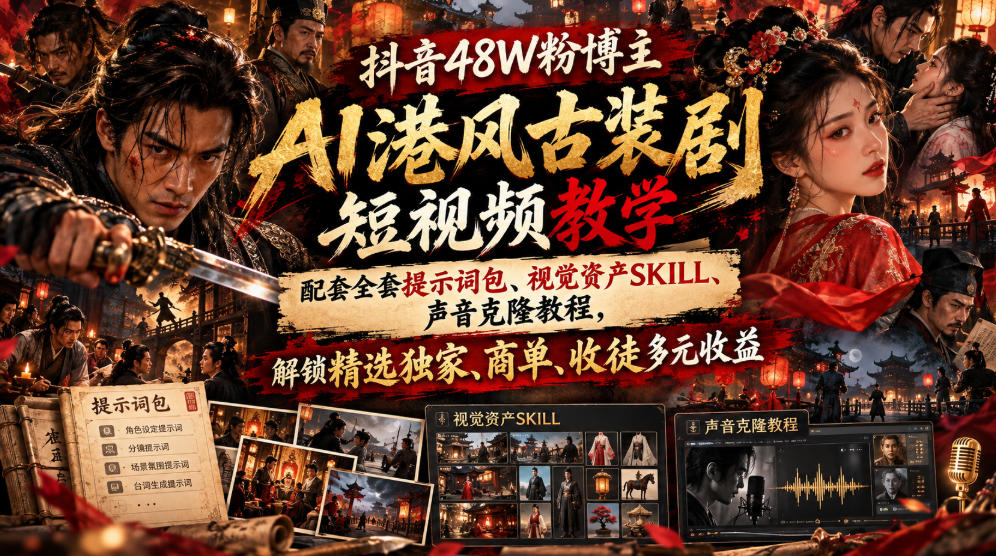 抖音48W粉博主AI港风古装剧短视频教学，配套全套提示词包、视觉资产SKILL、声音克隆教程，解锁精选独家、商单、收徒多元收益-翌晨科技网