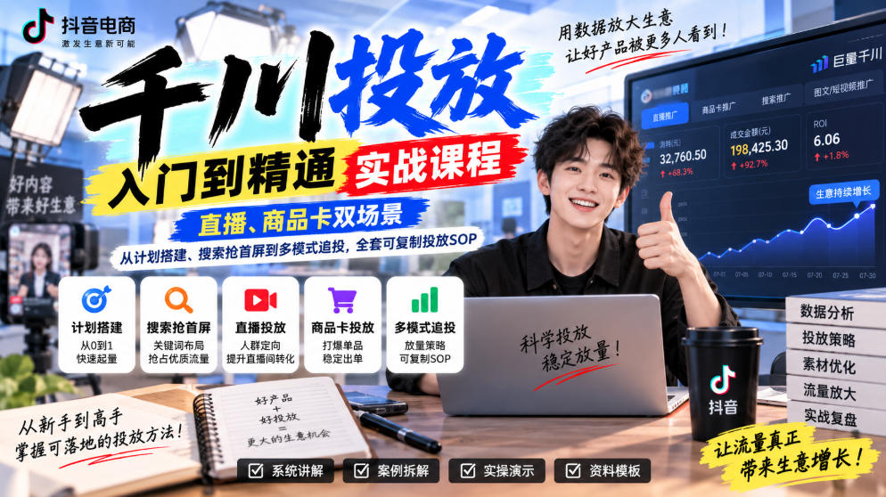 千川投放入门到精通实战课程，直播、商品卡双场景，从计划搭建、搜索抢首屏到多模式追投，全套可复制投放SOP-翌晨科技网