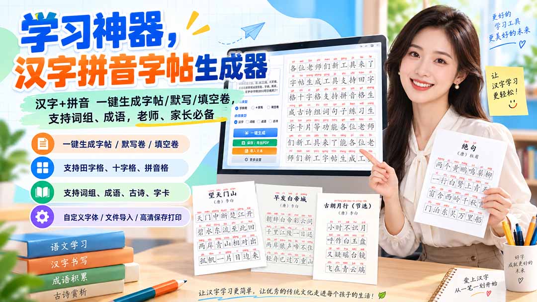 (20299期)学习神器,汉字拼音字帖生成器,汉字+拼音 一键生成字帖/默写/填空卷,支持词组、成语,老师、家长必备-翌晨科技网