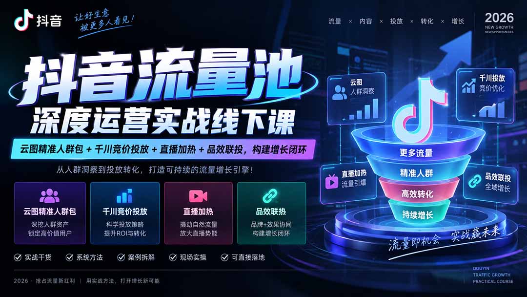 （20598期）抖音流量池深度运营实战线下课｜云图精准人群包+千川竞价投放+直播加热+品效联投，构建增长闭环-翌晨科技网