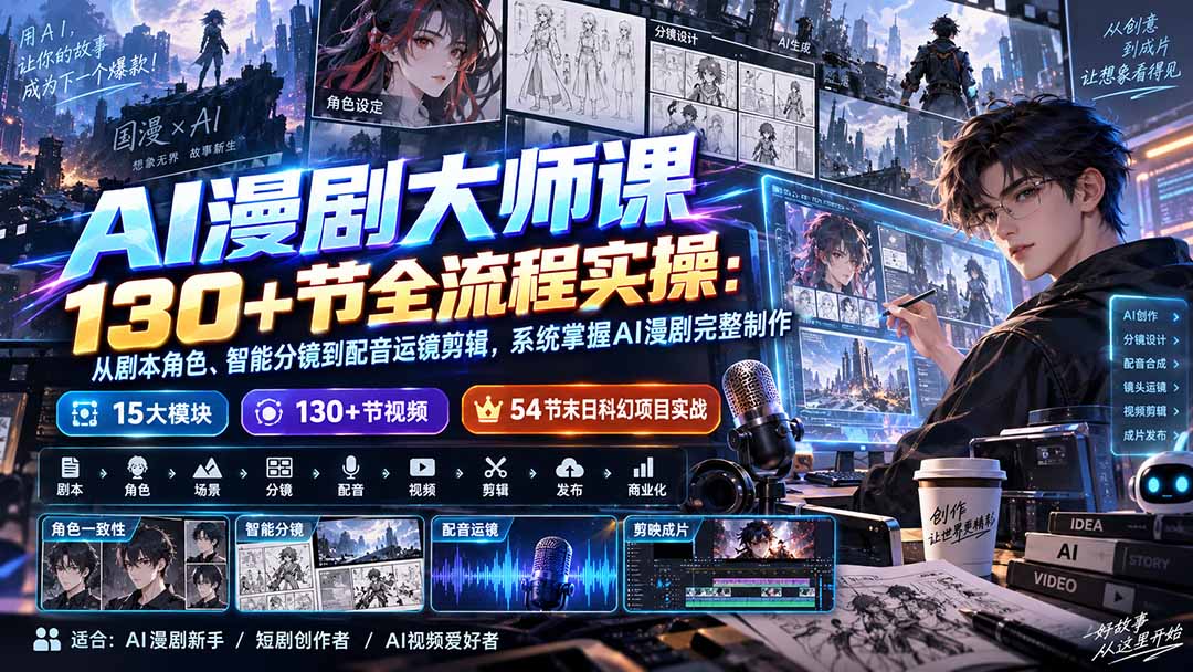 （20326期）AI漫剧大师课130+节全流程实操：从剧本角色、智能分镜到配音运镜剪辑，系统掌握AI漫剧完整制作-翌晨科技网