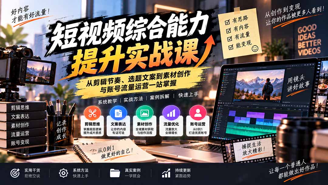 （20599期）短视频综合能力提升实战课：从剪辑节奏、选题文案到素材创作与账号流量运营一站掌握-翌晨科技网