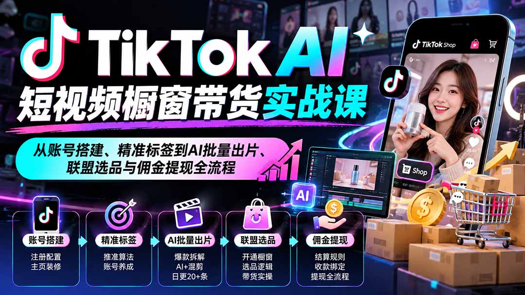（20725期）TikTok AI短视频橱窗带货实战课：从账号搭建、精准标签到AI批量出片、联盟选品与佣金提现全流程-翌晨科技网