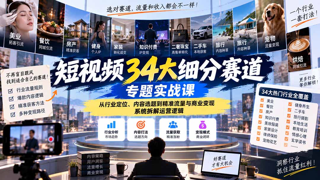 （20600期）短视频34大细分赛道专题实战课：从行业定位、内容选题到精准流量与商业变现，系统拆解运营逻辑-翌晨科技网