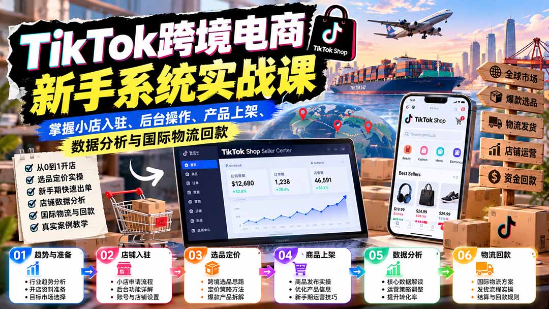 （20672期）TikTok跨境电商新手系统实战课：掌握小店入驻、后台操作、产品上架、数据分析与国际物流回款-翌晨科技网