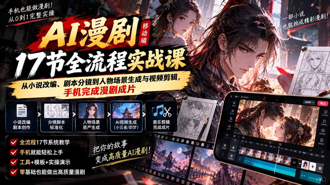 （20624期）AI漫剧移动端17节全流程实战课：从小说改编、剧本分镜到人物场景生成与视频剪辑，手机完成漫剧成片-翌晨科技网