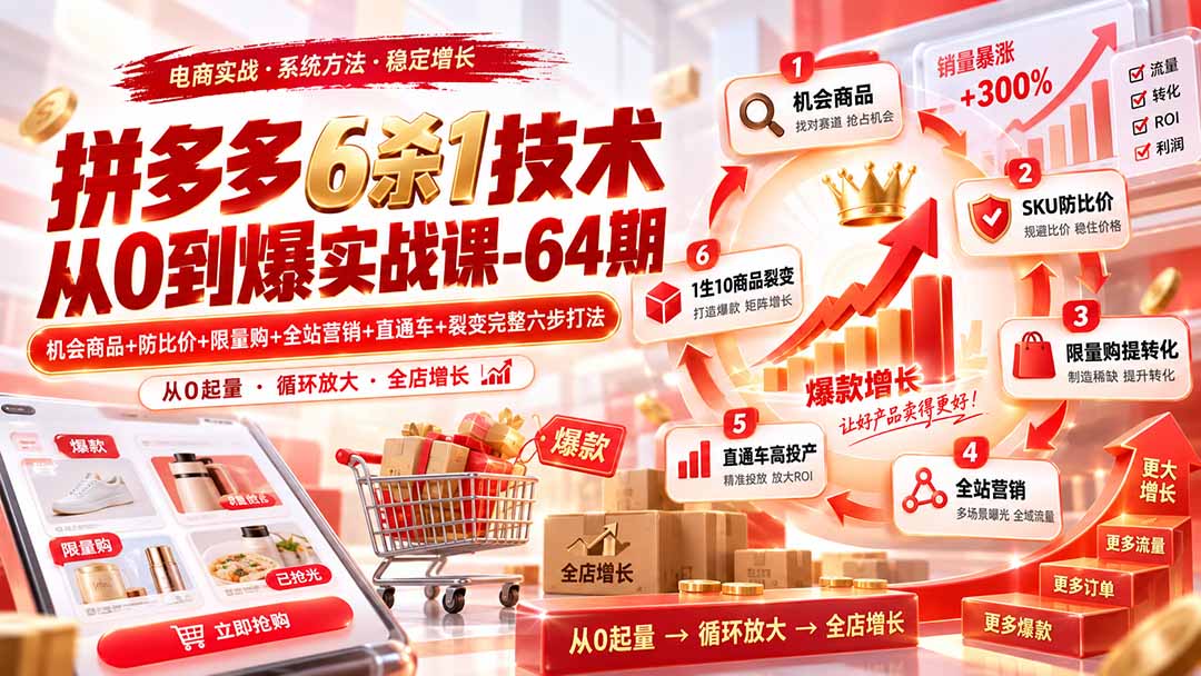 （20315期）拼多多6杀1技术从0到爆实战课-64期：机会商品+防比价+限量购+全站营销+直通车+裂变完整六步打法-翌晨科技网