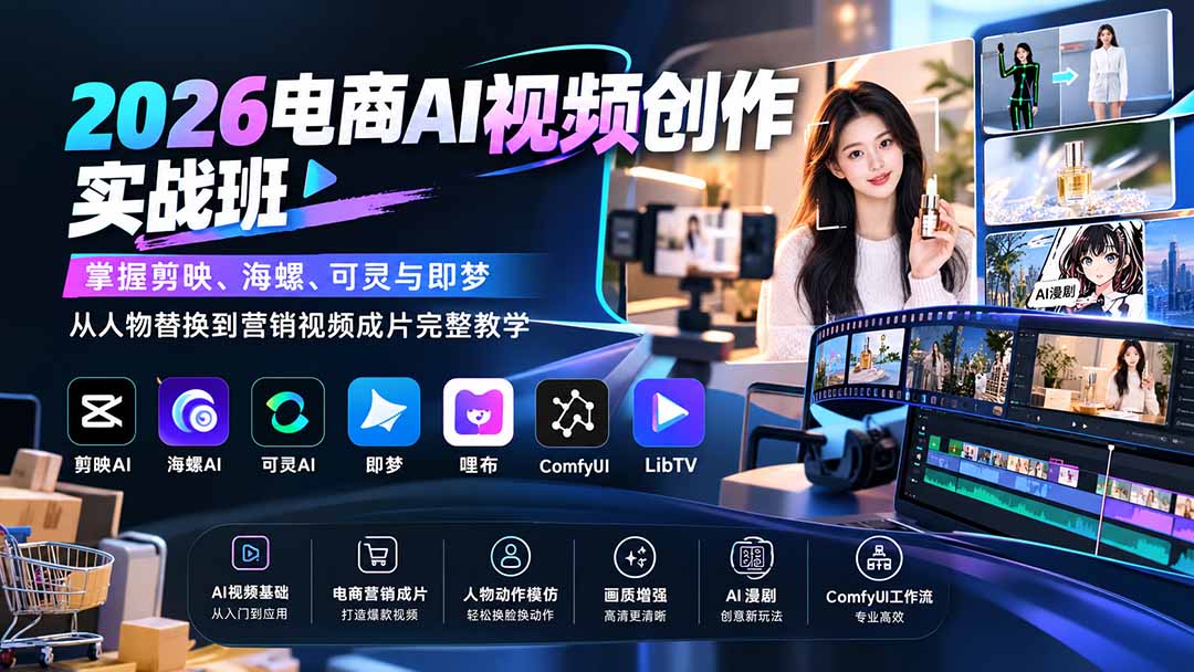 （20466期）2026电商AI视频创作实战班：掌握剪映、海螺、可灵与即梦，从人物替换到营销视频成片完整教学-翌晨科技网