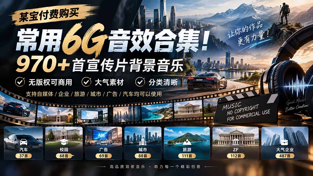 （20603期）某宝付费购买，常用6G音效合集！970+首宣传片背景音乐，无版权可商用大气素材，分类清晰-翌晨科技网