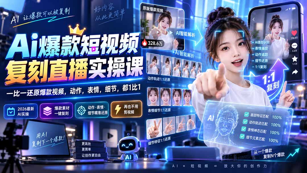 （20304期）最新Ai爆款短视频复刻直播实操课，一比一还原爆款视频，动作，表情，细节，都1比1-翌晨科技网
