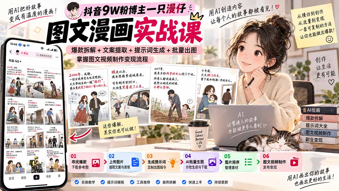 （20584期）抖音9W粉博主一只漫仔图文漫画课：爆款拆解+文案提取+提示词生成+批量出图，掌握图文视频制作变现流程-翌晨科技网