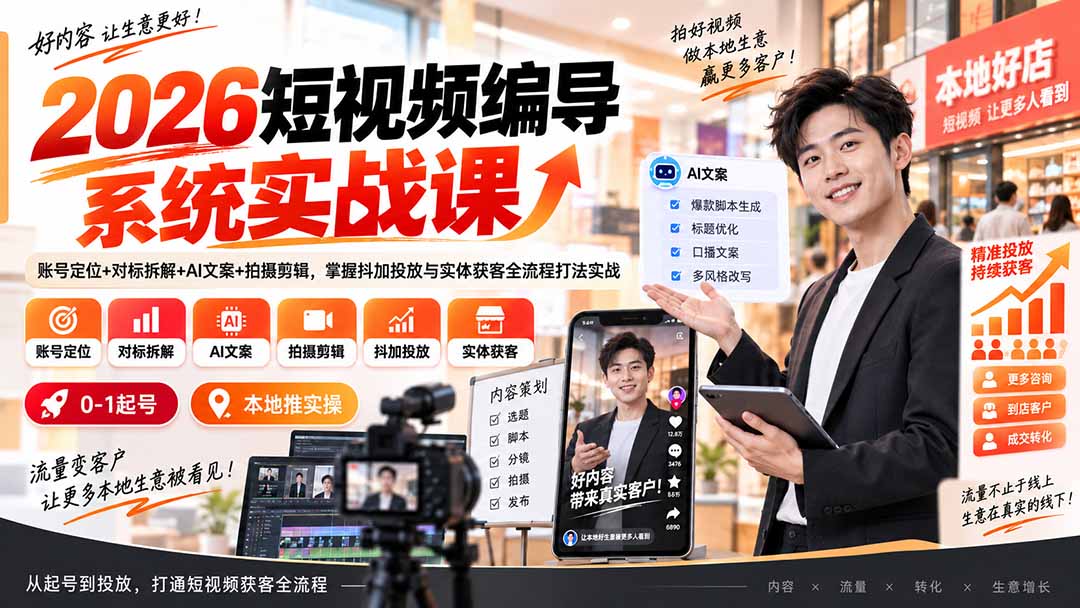 （20305期）2026短视频编导系统实战课：账号定位+对标拆解+AI文案+拍摄剪辑，掌握抖加投放与实体获客全流程打法实战-翌晨科技网