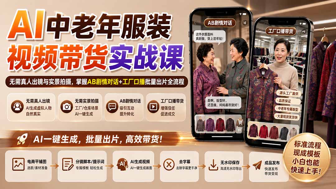 （20198期）AI中老年服装视频带货实战课：无需真人出镜与实景拍摄，掌握AB剧情对话+工厂口播批量出片全流程-翌晨科技网