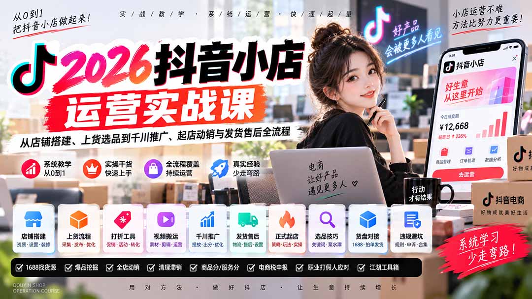（20568期）2026抖音小店运营实战课｜从店铺搭建、上货选品到千川推广、起店动销与发货售后全流程-翌晨科技网