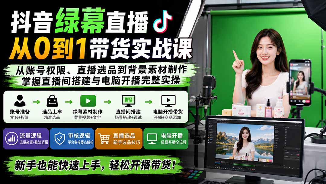（20224期）抖音绿幕直播从0到1带货实战课：从账号权限、直播选品到背景素材制作，掌握直播间搭建与电脑开播完整实操-翌晨科技网