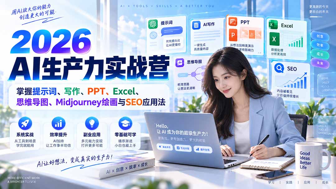（20307期）2026AI生产力实战营：掌握提示词、写作、PPT、Excel、思维导图、Midjourney绘画与SEO应用法-翌晨科技网