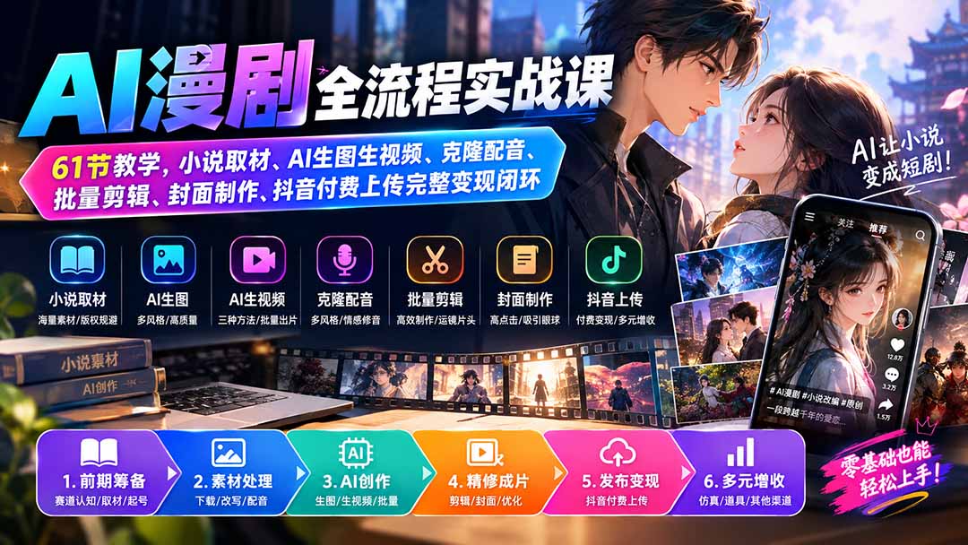 （20199期）AI漫剧全流程实战课｜61节教学，小说取材、AI生图生视频、克隆配音、批量剪辑、封面制作、抖音付费上传完整变现闭环-翌晨科技网