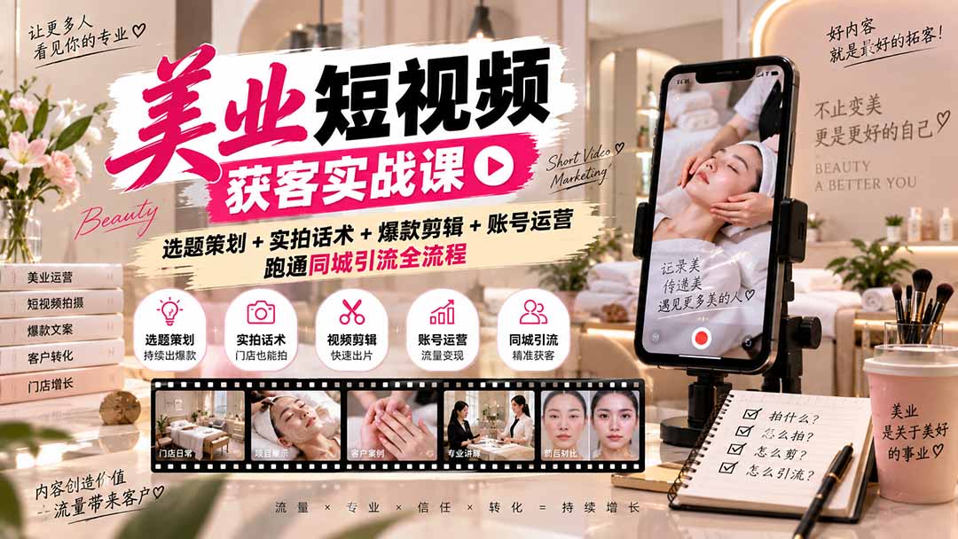 （20586期）美业短视频获客实战课-无水印：选题策划+实拍话术+爆款剪辑+账号运营，跑通同城引流全流程-翌晨科技网