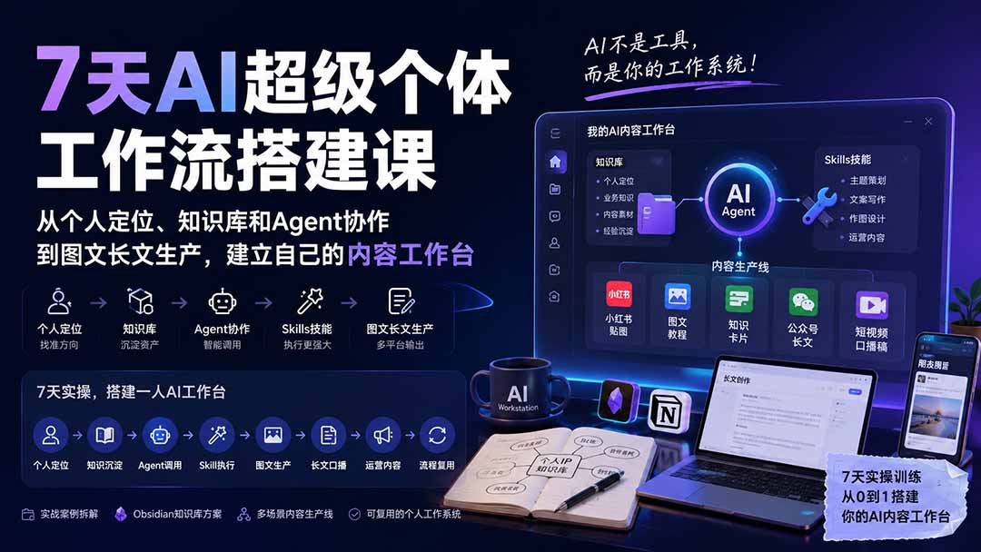 （20190期）7天AI超级个体工作流搭建课：从个人定位、知识库和Agent协作到图文长文生产，建立自己的内容工作台-翌晨科技网