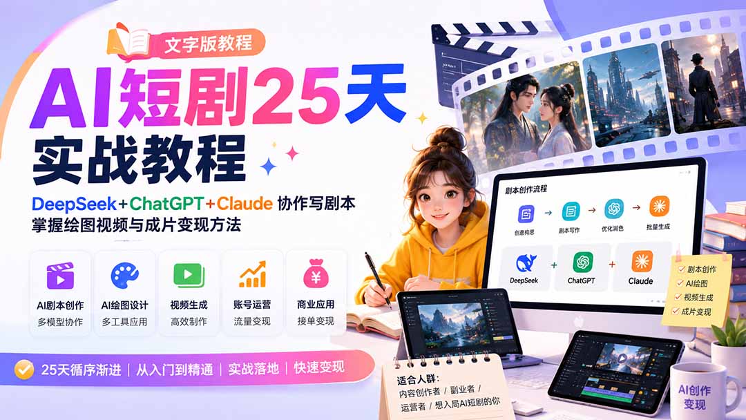 （20225期）AI短剧25天实战教程（文字版教程）：DeepSeek+ChatGPT+Claude协作写剧本，掌握绘图视频与成片变现方法-翌晨科技网