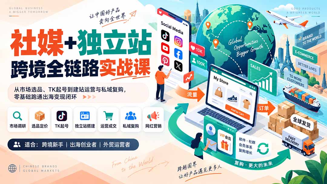 （20361期）社媒+独立站跨境全链路实战课：从市场选品、TK起号到建站运营与私域复购，零基础跑通出海变现闭环-翌晨科技网