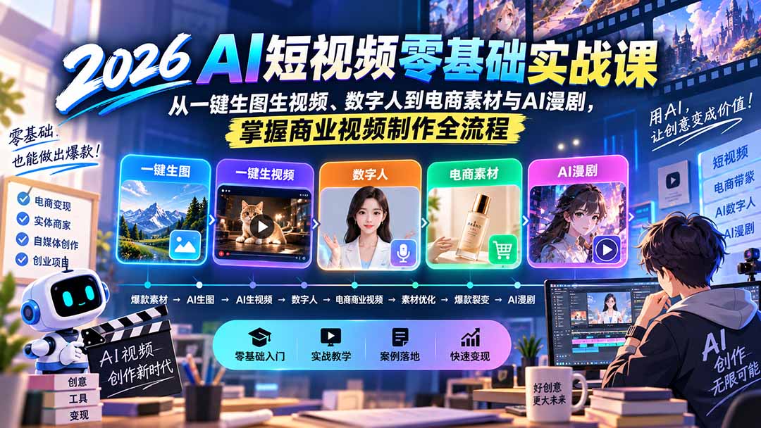 （20263期）2026AI短视频零基础实战课：从一键生图生视频、数字人到电商素材与AI漫剧，掌握商业视频制作全流程-翌晨科技网
