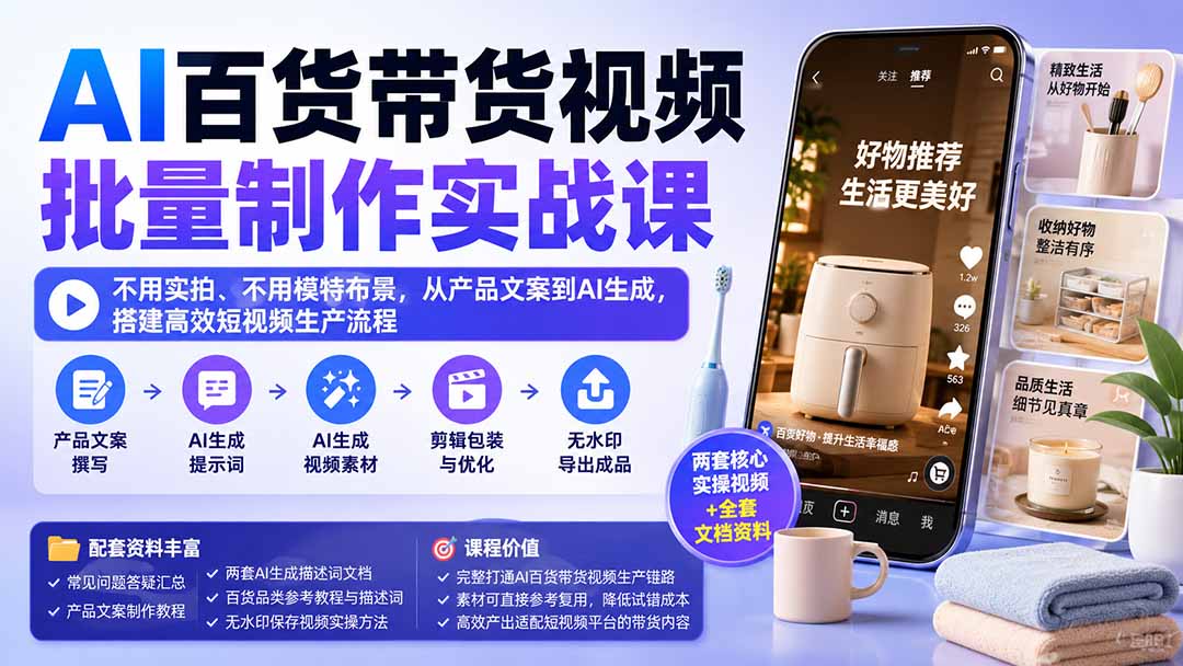 （20179期）AI百货带货视频批量制作实战课：不用实拍、不用模特布景，从产品文案到AI生成，搭建高效短视频生产流程-翌晨科技网