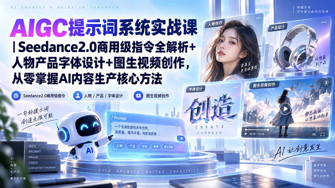 （20559期）AIGC提示词系统实战课-无水印｜Seedance2.0商用级指令全解析+人物产品字体设计+图生视频创作，掌握AI内容生产方法-翌晨科技网