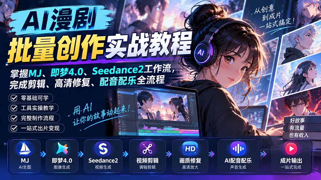 （20488期）AI漫剧批量创作实战教程：掌握MJ、即梦4.0、Seedance2工作流，完成剪辑、高清修复、配音配乐全流程-翌晨科技网