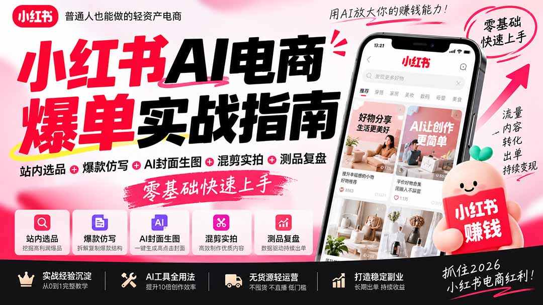 （20516期）2026小红书AI电商爆单实战指南：站内选品+爆款仿写+AI封面生图+混剪实拍+测品复盘，零基础快速上手-翌晨科技网