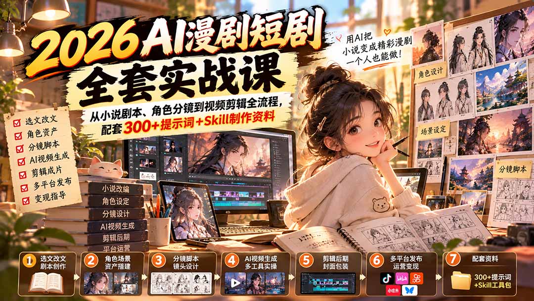 （20629期）2026AI漫剧短剧全套实战课：从小说剧本、角色分镜到视频剪辑全流程，配套300+提示词+Skill制作资料-翌晨科技网