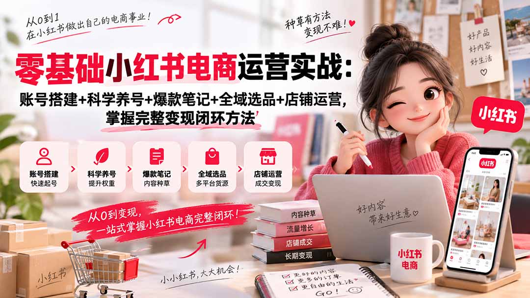 （20467期）零基础小红书电商运营实战：账号搭建+科学养号+爆款笔记+全域选品+店铺运营，掌握完整变现闭环方法-翌晨科技网