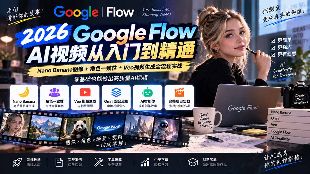 （20608期）【无水印】Google Flow AI视频从入门到精通：Nano Banana图像+角色一致性+Veo视频生成全流程实战-精翻中英字幕-翌晨科技网