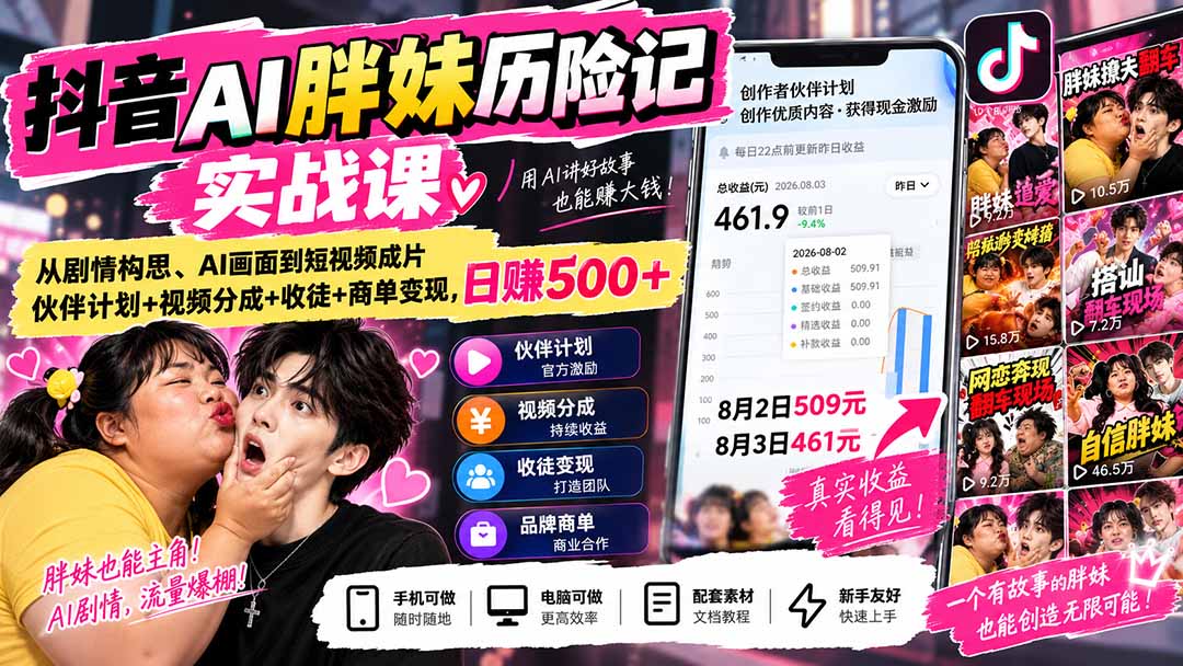 （20489期）抖音AI胖妹历险记实战课：从剧情构思、AI画面到短视频成片，伙伴计划+视频分成+收徒+商单变现，日赚500+-翌晨科技网