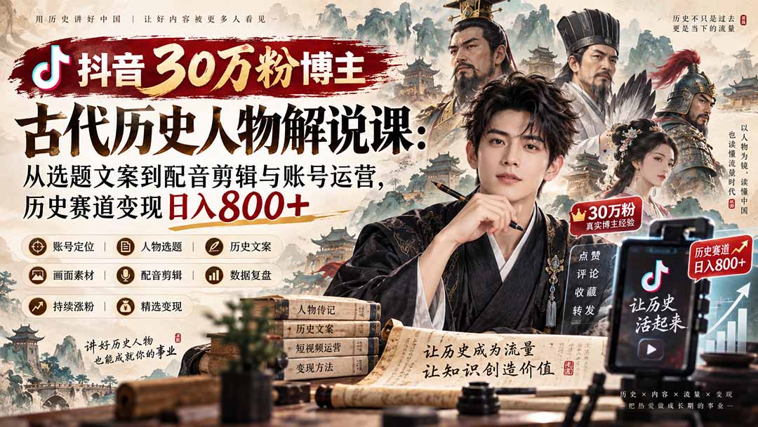 （20441期）抖音30万粉博主古代历史人物解说课：从选题文案到配音剪辑与账号运营，历史赛道变现日入800+-翌晨科技网