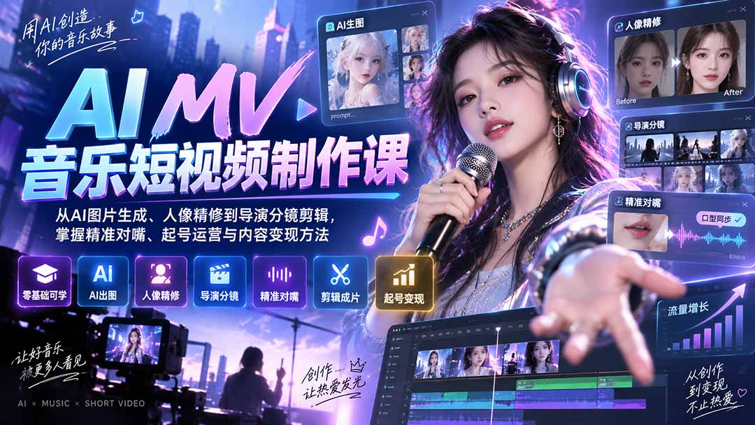 （20364期）AI MV音乐短视频制作课：从AI图片生成、人像精修到导演分镜剪辑，掌握精准对嘴、起号运营与内容变现方法-翌晨科技网