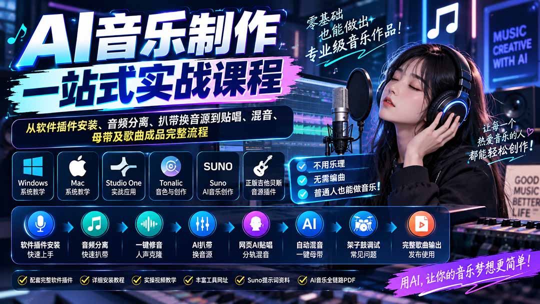（20490期）AI音乐制作一站式实战课程：从软件插件安装、音频分离、扒带换音源到贴唱、混音、母带及歌曲成品完整流程-翌晨科技网