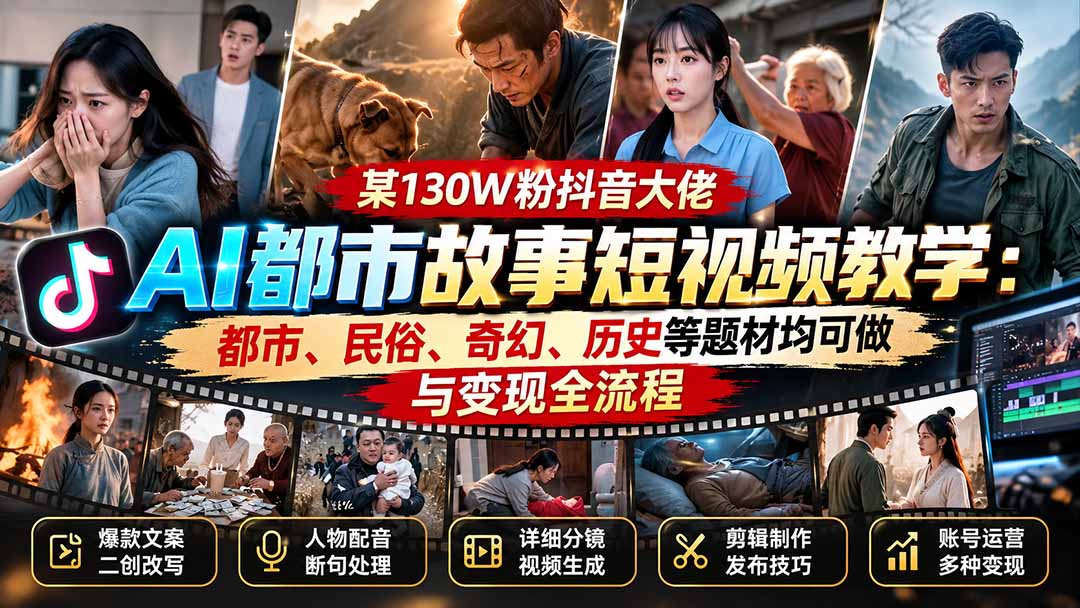 （20692期）某130W粉抖音大佬AI都市故事短视频教学：都市、民俗、奇幻、历史等题材均可做与变现全流程-翌晨科技网